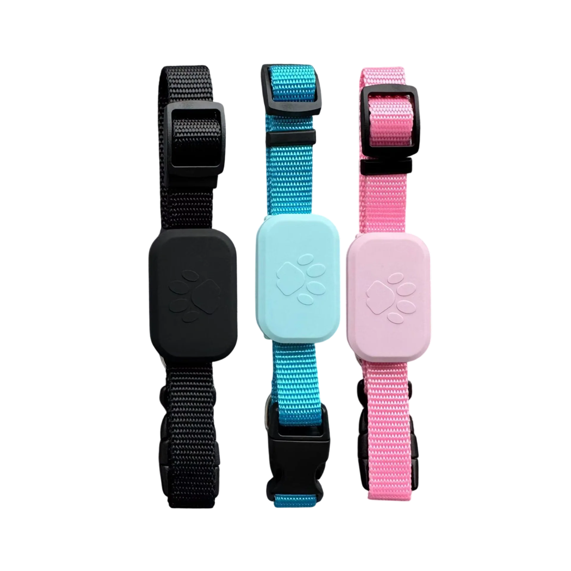 PawPin collar tracker shown in black, blue, and pink